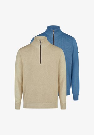 Zwei strukturierte Pullover mit halbem Reißverschluss, einer beige vorne und einer blau hinten, beide mit gerippten Bündchen und Kragen.