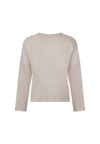 Beige langemouw top met een ronde halslijn, relaxte pasvorm en een gladde textuur. Heeft verlaagde schouders en een cropped achterkant.