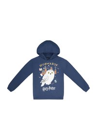 Dunkelblauer Hoodie mit einem Grafikdesign eines weißen Uhus, dem Schriftzug "HOGWARTS" und "Harry Potter" in hellen Farben, mit Kapuze und Kordelzug.