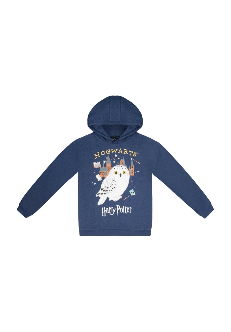 Dunkelblauer Hoodie mit einem Grafikdesign eines weißen Uhus, dem Schriftzug "HOGWARTS" und "Harry Potter" in hellen Farben, mit Kapuze und Kordelzug.