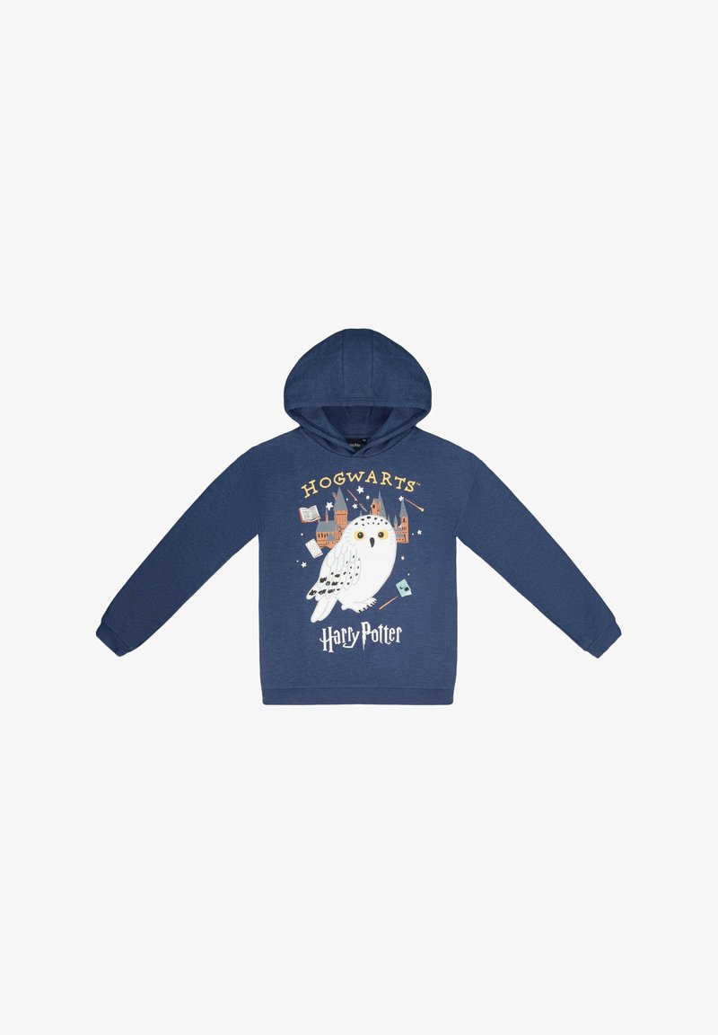 Navy blue hoodie featuring a graphic of a white owl, "HOGWARTS," and "Harry Potter" text in light colors, with a drawstring hood.