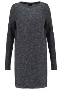Gray knit sweater with a wide neckline, long sleeves, and a relaxed fit. Textured fabric with a soft appearance and fine threading detail.