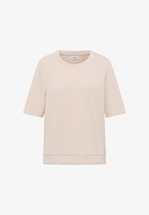 Beige tričko s krátkým rukávem a kulatým výstřihem se rovnými okraji a malou nášivkou na spodním švu.