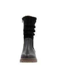 Zwarte leren en suède laars met een ingezakte top, ritsluiting en rubberen zool. Bevat lichte stiksels en een zachte nepbontvoering.