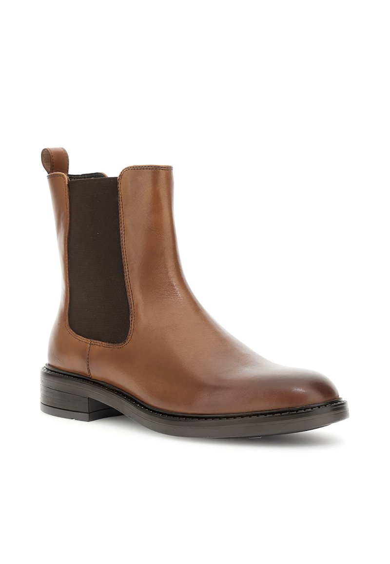 Braune Leder-Chelsea-Stiefel mit elastischen Seitenpaneelen, runder Zehenpartie und niedrigem, gestapeltem Absatz. Glatte Oberfläche mit minimalen Nähdetails.