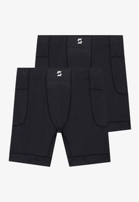 Black athletic shorts made of textured fabric, featuring two side pockets, contrast stitching, and a logo on the waistband.