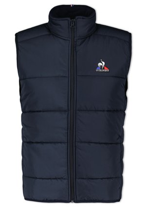 Gilet imbottito blu navy con colletto alto, zip frontale e design a righe orizzontali. Presenta un logo nella zona sinistra del petto.