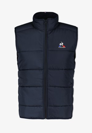 Gilet imbottito blu navy con colletto alto, zip frontale e design a righe orizzontali. Presenta un logo nella zona sinistra del petto.