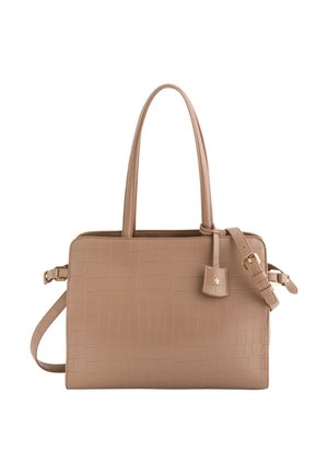 Bolso de mano de cuero beige con relieve de cocodrilo, con dos asas resistentes, una correa ajustable y desmontable, y una pequeña etiqueta decorativa.