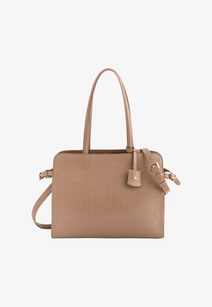 Sac à main en cuir beige embossé effet crocodile, doté de deux anses robustes, d'une bandoulière amovible et réglable, ainsi que d'une petite étiquette décorative.