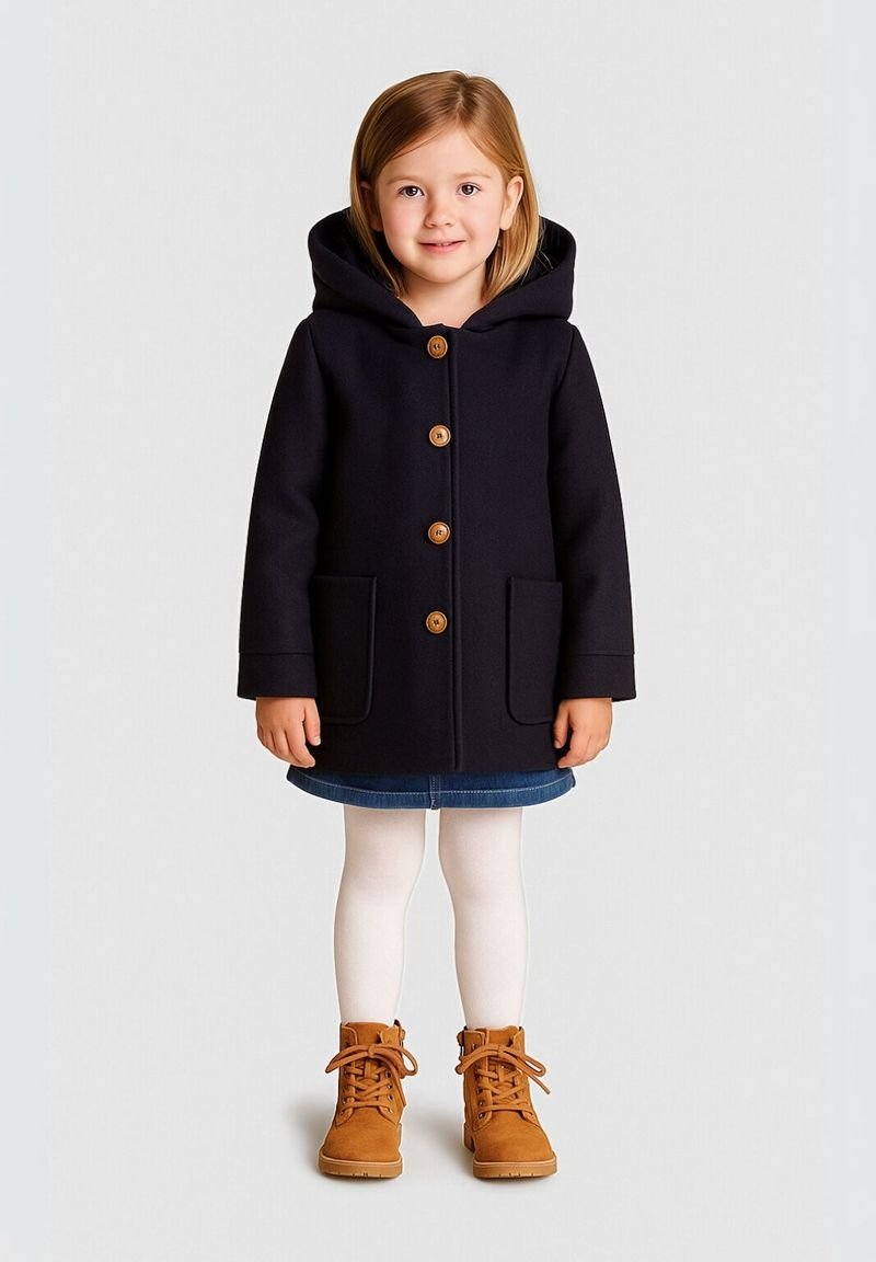 Jūras zila kapucīna mēteli no mīksta auduma ar koka pogām, divas priekšējās kabatas, apvienots ar džinsu svārkiem un brūnām šņorējamām zābakiem.