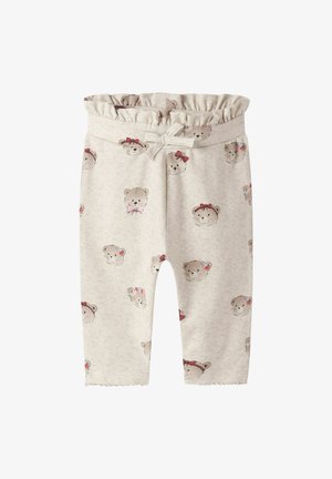 Hellgraue Leggings mit einem Rüschensaum, versehen mit einem wiederholten Muster von Bärenköpfen mit Schleifen und Blumen, aus strukturiertem und weichem Stoff.