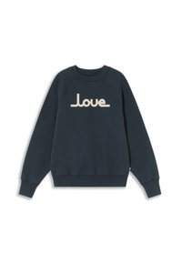 Felpa blu navy in cotone, con testo "Love" in crema in font retrò. Include polsini e orlo a coste, con scollatura rotonda.