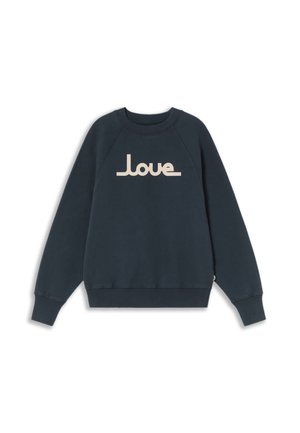 Navy blue sweatshirt made of cotton, featuring a cream "Love" text in retro font. Includes ribbed cuffs and hem, with a round neckline.