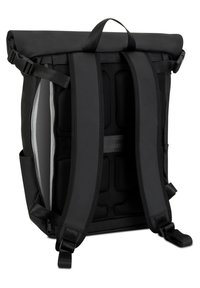Black roll-top backpack with textured straps, padded back, and multiple compartments; features adjustable buckles and side pocket.