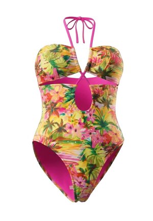 Costume intero con scollo halter, stampa floreale tropicale, fodera rosa, apertura frontale e laccetti da annodare al collo.