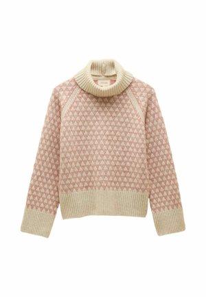 Sweter w kolorze kremowym i różowym, z wzorem w romby, z golfem i ściągaczami u dołu oraz na mankietach.
