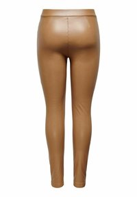 Hnědé legíny z umělé kůže s hladkým povrchem, vysokým pasem a úzkým střihem, které zvýrazňují elegantní siluetu ze zadní strany.