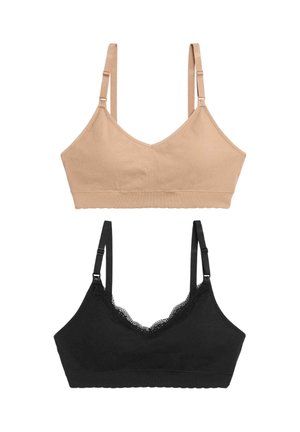 Zwei kabellose Still-BHs, einer beige mit glattem Stoff, einer schwarz mit Spitzenbesatz, beide mit verstellbaren Trägern und Clip-Verschlüssen.