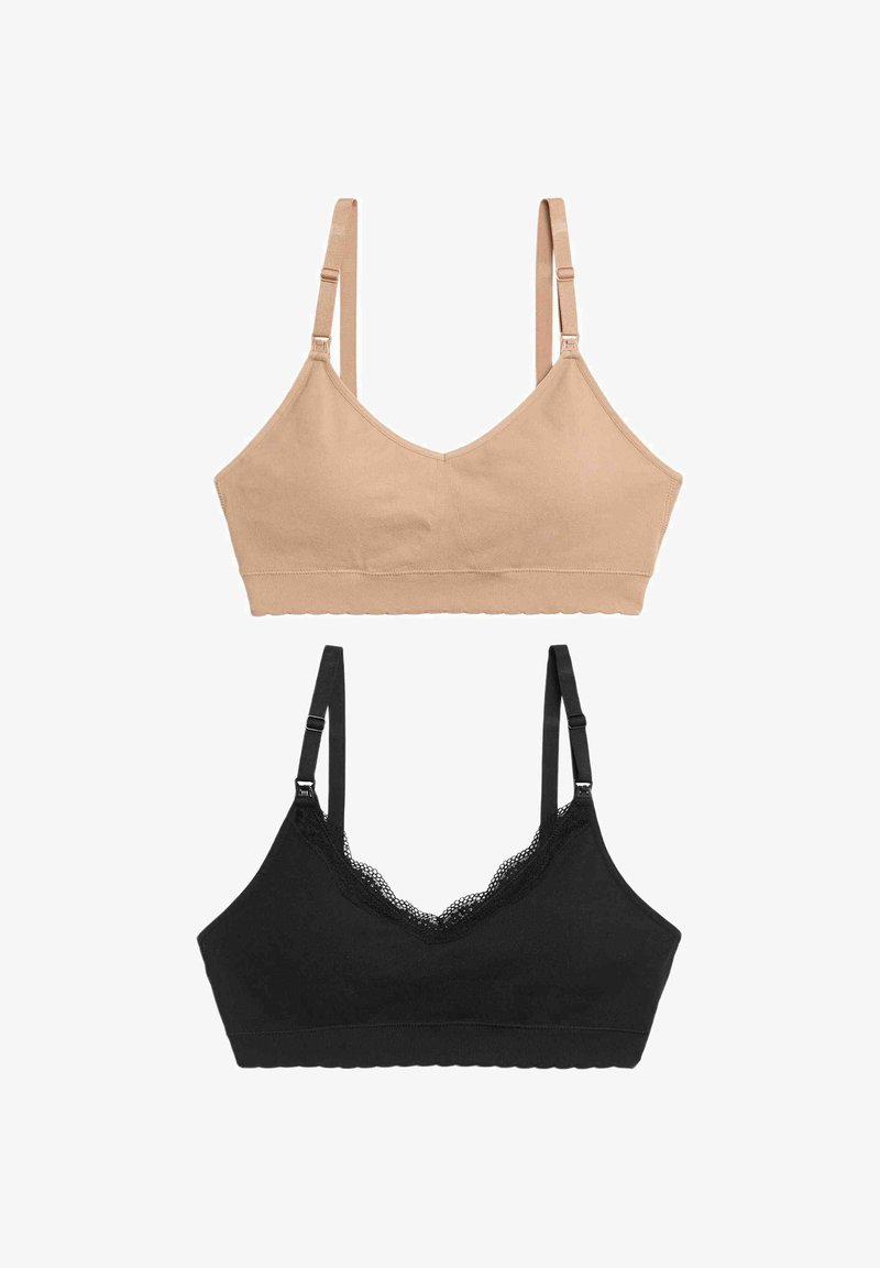 Due bras da allattamento wireless, uno beige con tessuto liscio e uno nero con bordi in pizzo, entrambi con spalline regolabili e chiusure a clip.