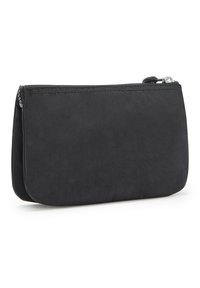 Borsa a zip nera in materiale liscio con bordi arrotondati, caratterizzata da una singola cucitura lungo la parte superiore e un tirante della cerniera metallico.