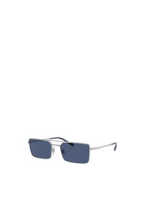 Occhiali da sole rettangolari con lenti azzurrate, montatura in metallo argento e aste laterali con dettagli blu. Presentano un branding sottile sulle lenti.