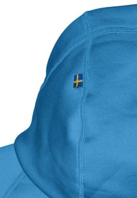 Lyseblå hætte sweatshirt med et svensk flag-label på siden, fremstillet af blødt stof med synlige syninger.