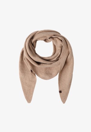 Beżowy dziany szalik o miękkiej fakturze, w kształcie trójkąta z wydłużonymi końcami. Delikatne prążkowanie i mała brązowa metka.