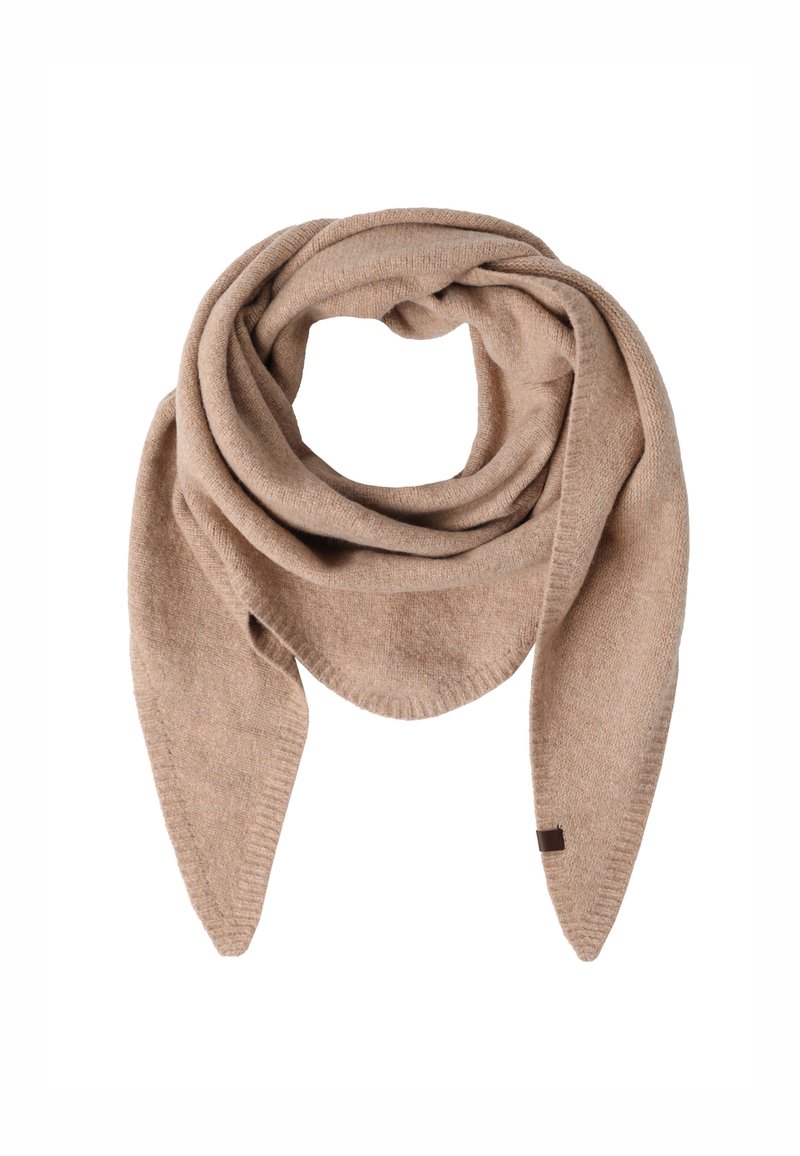 Bež neulitud sall pehme tekstuuriga, millel on kolmnurkne kuju ja pikad otsad. Õrnad soonikdetailid ja väike pruun silt.