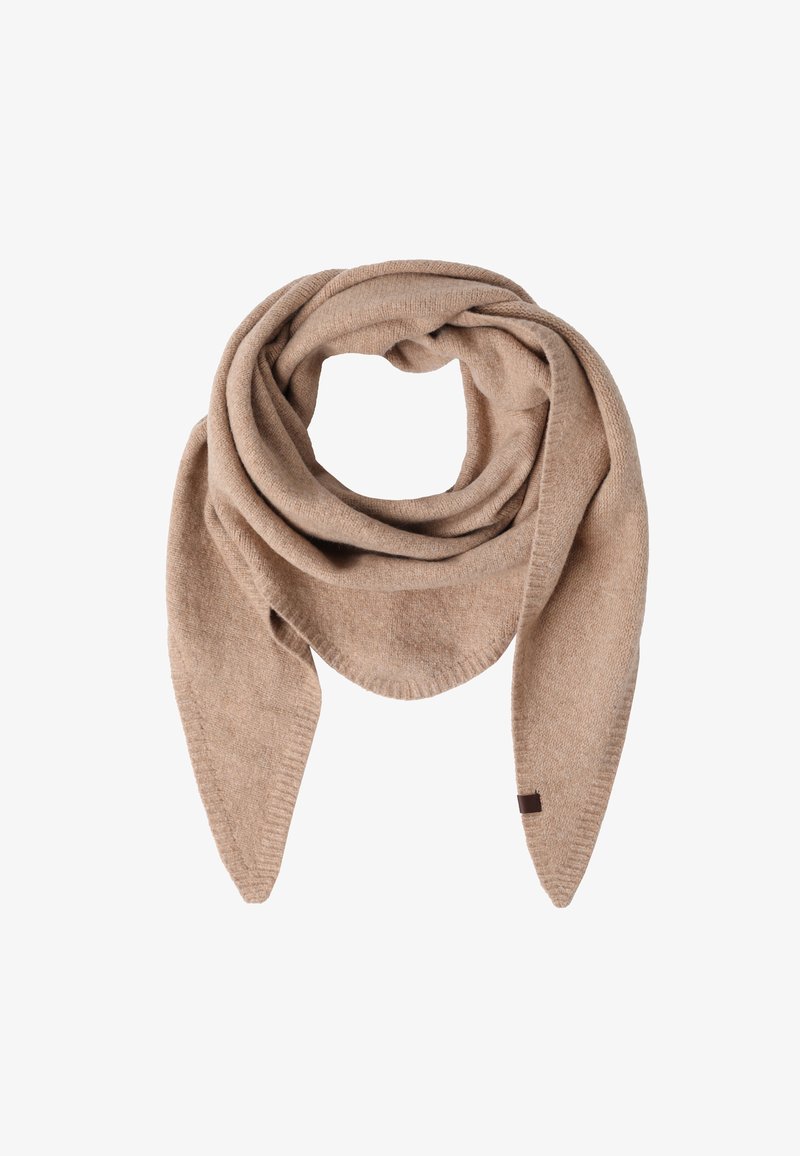 Bež neulitud sall pehme tekstuuriga, millel on kolmnurkne kuju ja pikad otsad. Õrnad soonikdetailid ja väike pruun silt.