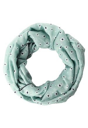 Hellgrüner Infinity-Schal mit kleinen weißen und schwarzen Blumenmustern, gezeigt in einer kreisförmigen, verdrehten Anordnung.