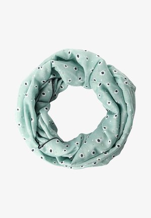 Hellgrüner Infinity-Schal mit kleinen weißen und schwarzen Blumenmustern, gezeigt in einer kreisförmigen, verdrehten Anordnung.