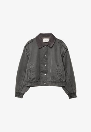 Šedá džínová bunda s kordurovým golierom, dlhými rukávmi s elastickými manžetami, prednými cvokmi a bočnými vreckami.