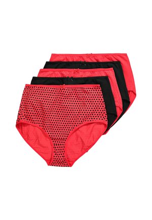 Cinque paia di mutandine da donna a vita alta in colori alternati di rosso pieno, nero pieno e rosso con pois neri, ciascuna con un piccolo fiocco in vita.