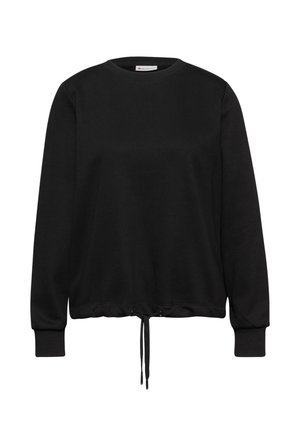 Musta collegepaita löysällä istuvuudella, jossa on pitkät hihat, pyöreä kaula-aukko ja säätönyöri helman säätämiseksi. Tasainen kangas koko ajan.
