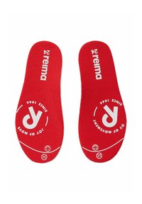 Czerwone wkładki z teksturowaną powierzchnią, z białym logo i okrągłymi grafikami. Zapewnione dla komfortu i wsparcia w obuwiu.