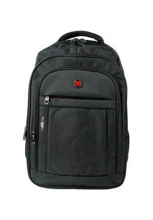 Black backpack made of textured fabric, featuring a main compartment, front zip pocket, and red logo. Includes durable zippers and padded handle.