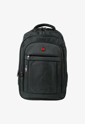 Sac à dos noir en tissu texturé, doté d'un compartiment principal, d'une poche zippée à l'avant et d'un logo rouge. Comprend des fermetures éclair durables et une poignée rembourrée.