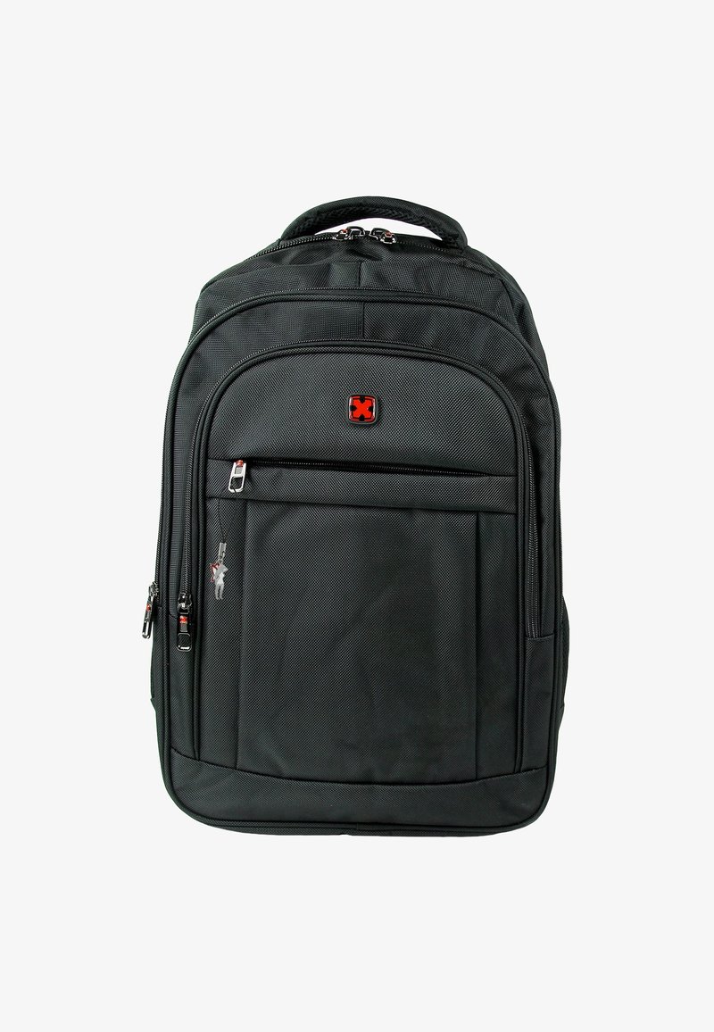 Sac à dos noir en tissu texturé, doté d'un compartiment principal, d'une poche zippée à l'avant et d'un logo rouge. Comprend des fermetures éclair durables et une poignée rembourrée.