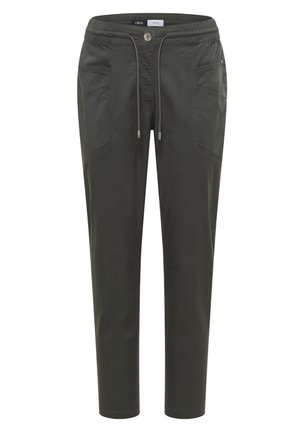 Pantalon casual vert olive avec taille élastique, fermeture par bouton et cordon à l'avant, et poches avant inclinées.