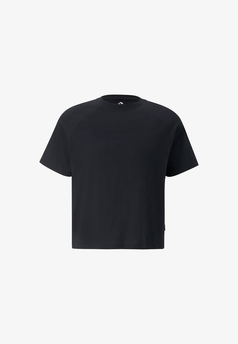 T-shirt noir à manches courtes avec un col rond, en coton lisse, doté de manches raglan et d'un ourlet droit pour une coupe décontractée.
