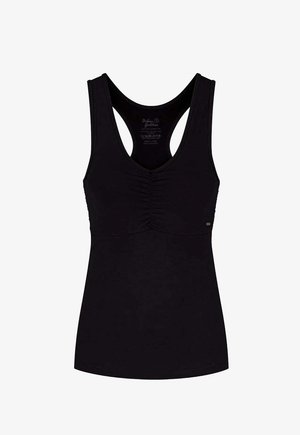 Zwart tanktop met een V-hals en racerback-ontwerp, voorzien van geplooide details aan de voorkant. Gemaakt van een zachte, lichte stof.