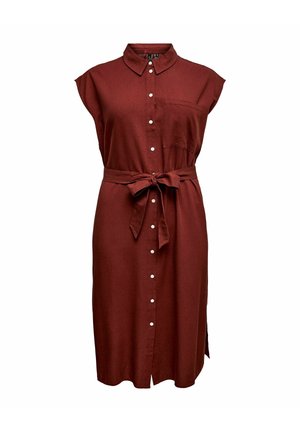 Vestido camisa sin mangas de color rojo oscuro con botones delanteros, bolsillo en el pecho, cuello y cinturón de lazo en la cintura, largo hasta la rodilla con aberturas laterales.