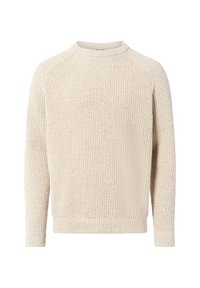 Beige Strickpullover mit Rundhalsausschnitt, geripptem Design und langen Ärmeln. Verfügt über ein einfaches, lockeres Design ohne Verzierungen.