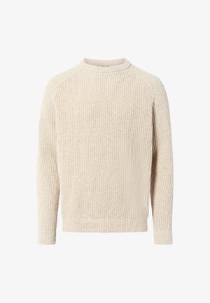 Beige gebreide trui met een ronde hals, ribbelstructuur en lange mouwen. Heeft een eenvoudig, ontspannen ontwerp zonder versieringen.