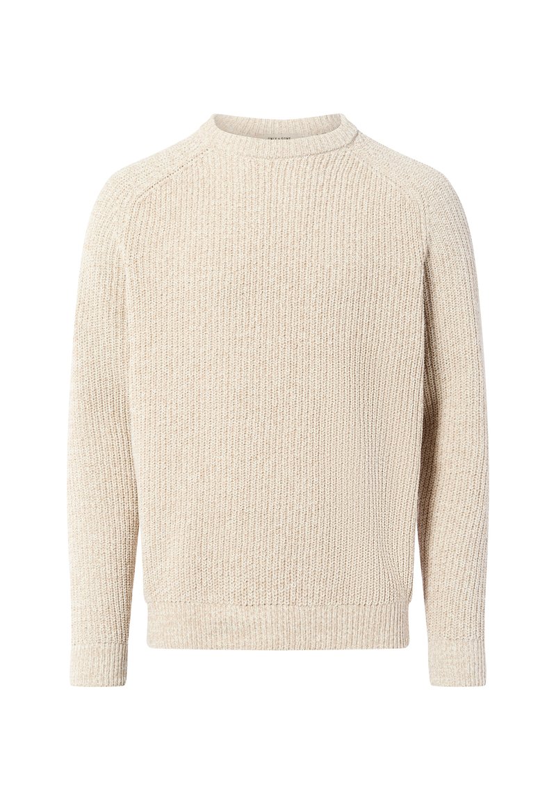 Beige Strickpullover mit Rundhalsausschnitt, geripptem Design und langen Ärmeln. Verfügt über ein einfaches, lockeres Design ohne Verzierungen.