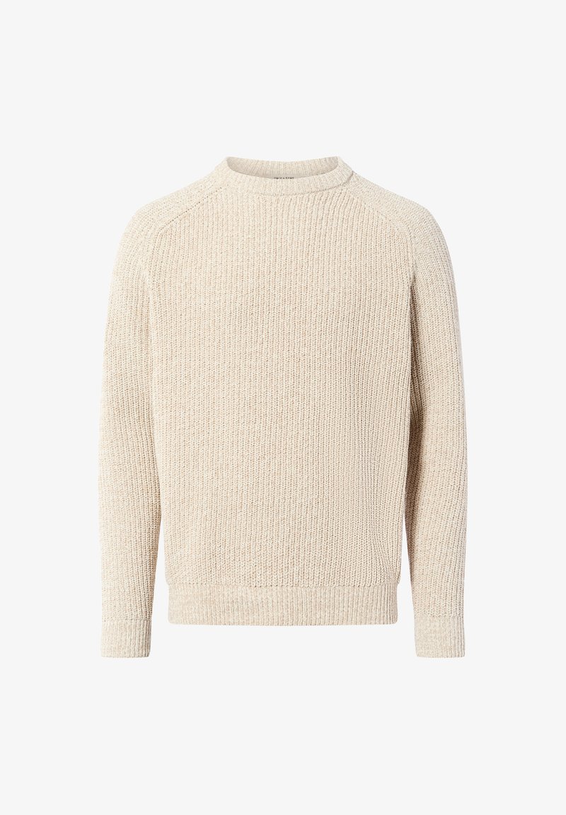 Pull en tricot beige avec un col rond, texture côtelée et manches longues. Présente un design simple et décontracté sans embellissements.