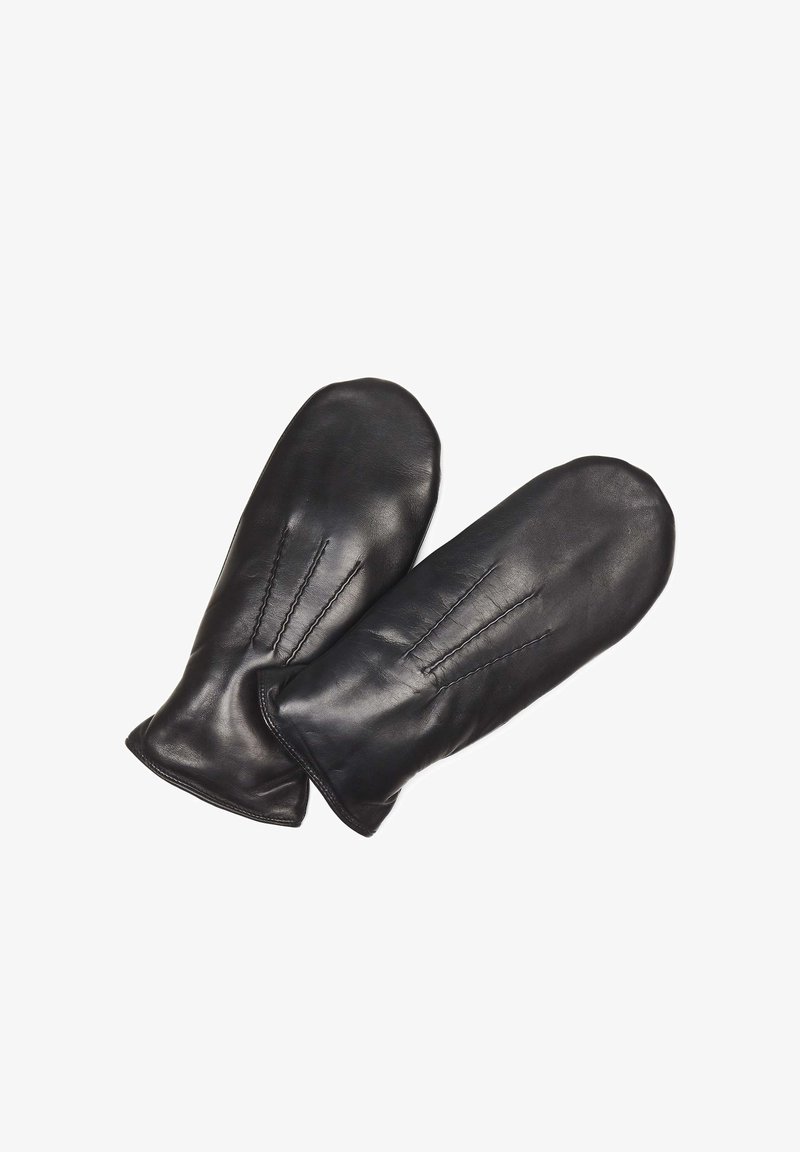 Sorte læderhandsker med en glat tekstur, afrundede spidser og dekorativ syning på bagsiden. Ingen synlig branding.