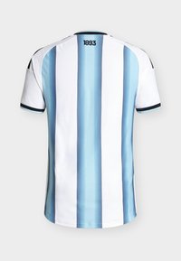 Wit en lichtblauw verticaal gestreept sportshirt met korte mouwen en de opdruk "1893" in het zwart bij de bovenste rugnek.