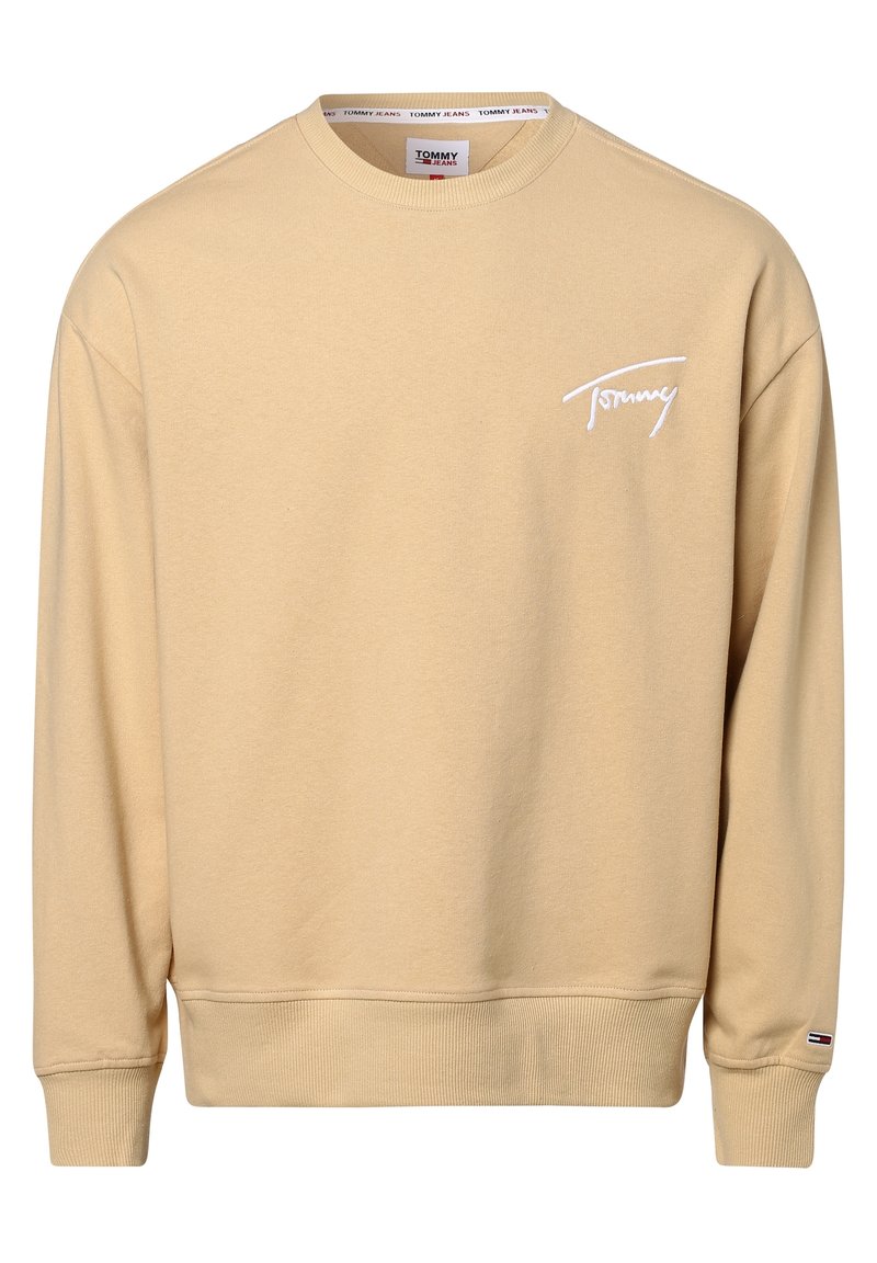Beżowy sweter z bawełny, z okrągłym dekoltem, ściągaczami u rękawów i małym białym logotypem na piersi. Miękka tekstura i casualowy design.